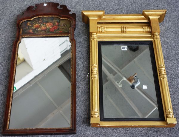 A 19th century gilt framed pier glass with split turned decoration, 50cm wide x 67cm high, together with a 19th century parcel gilt mahogany fret cut