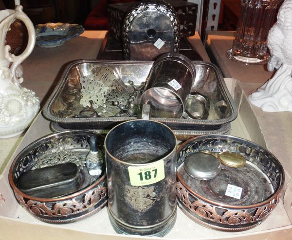 A group of silver plated items, including entree dishes, bottle coasters, a tortoiseshell snuff box and sundry. (qty)