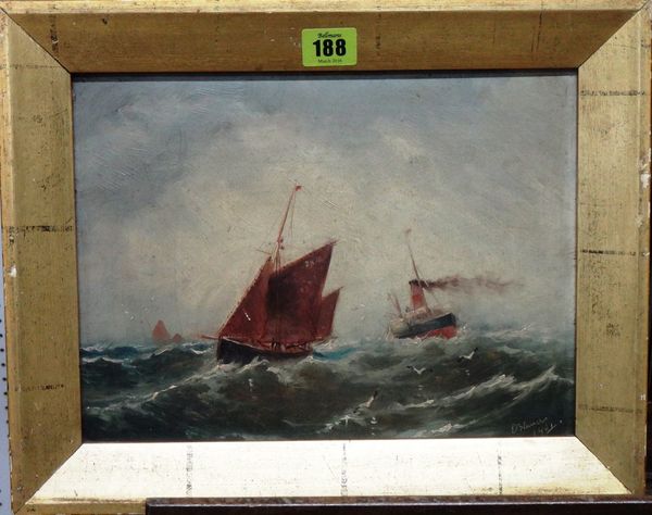 E** B** (19th/20th century), Vessels in choppy seas, oil on board, indistinctly signed and dated 1901.