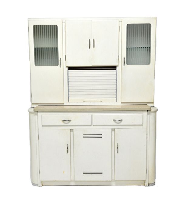 A mid 20th century white painted utility kitchen cabinet by Hygena, 140cm wide x 180cm high.  Illustrated