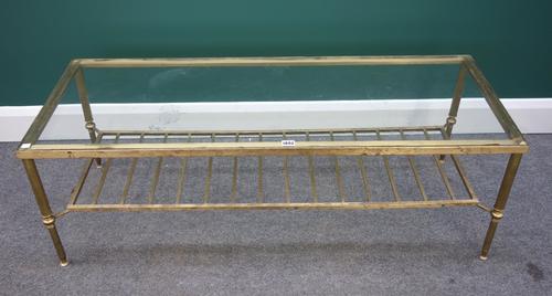 A suite of three 20th century gilt lacquered brass low tables, to comprise a pair of square tables, 77cm wide, and rectangular table, 123cm wide, all