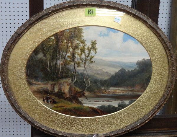 English School (19th century), Figures by a riverbank, oil on board, oval.