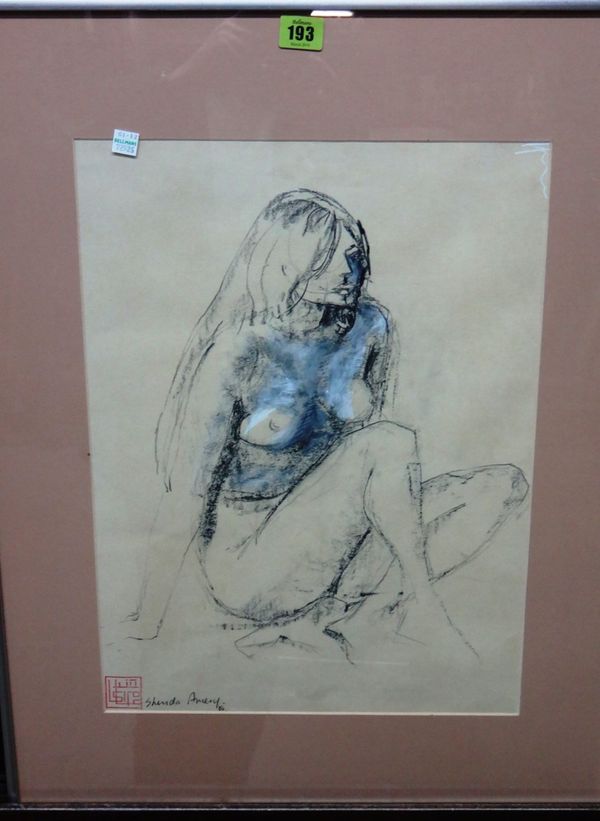 Shenda Amery (20th century), Crouching nude, charcoal heightened with white, signed and dated '80.