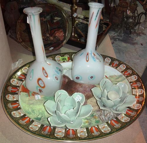 A large Wedgwood meat plate decorated with a turkey together with a pair of Murano style glass vases and a pair of lotus flower tea light holders.