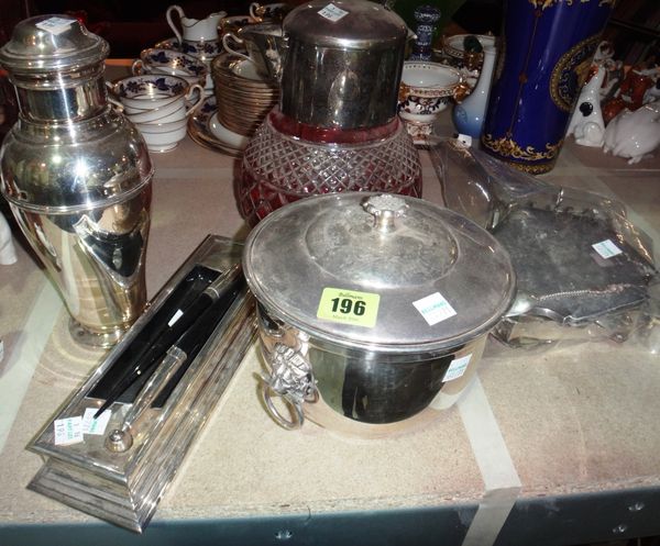 A ruby flash cut glass lemonade jug with plated mount (missing handle), a cocktail shaker, a plated pen stand and an ice bucket cover.
