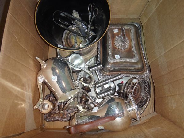 A box of plated wares, including an entree dish, a candelabra, flatware, a bottle coaster and sundry.