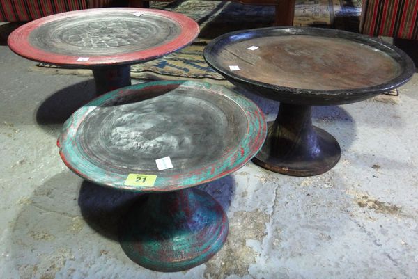 A group of three hardwood painted pedestal plates