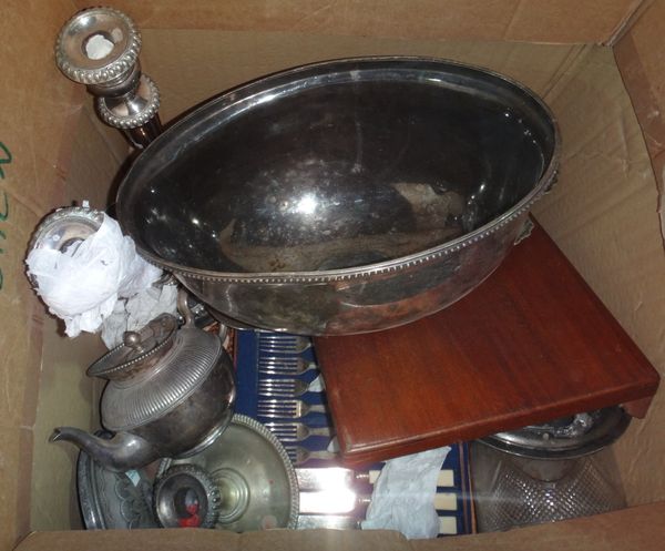A quantity of silver plated wares including a meat dome, candlesticks, cased flatware and sundry.