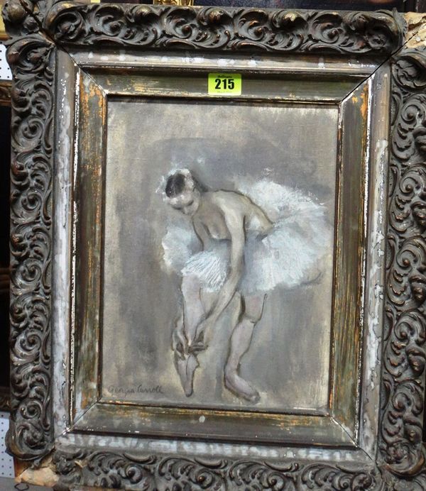Georgia Carroll (20th century), Ballerina, oil on canvasboard, signed, together with a print of a lady in a fur stole, and a pencil portrait of an off
