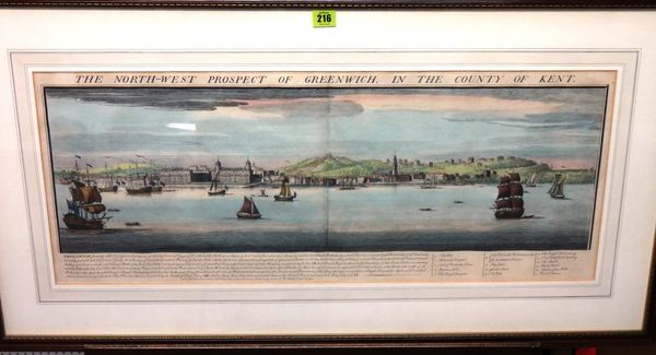 After Nathaniel and Samuel Buck, The North West Prospect of Greenwich, in the County of Kent, engraving with hand colouring.