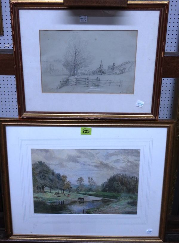 English School, Wooded river scene, watercolour; together with a pencil study of a distant village by another hand.(2)