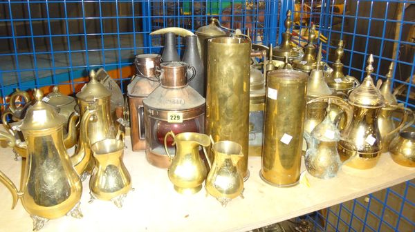 A quantity of assorted copper, brass and metalware, including  ship's lanterns, shell cases, Middle Eastern coffee pots and sundry.