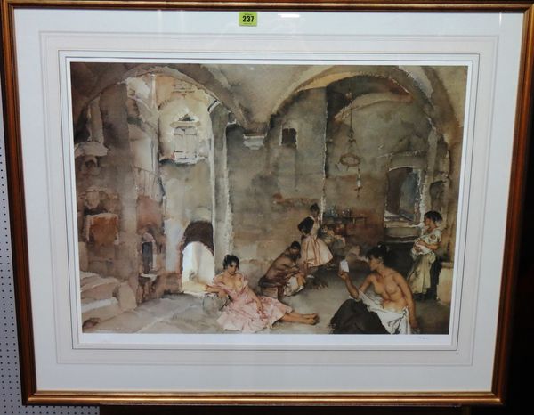 After Sir William Russell Flint, 'Symposium at Lucenay', colour print, numbered 23/850; together with 'Little Sewing girl, Sospel' (faded)
