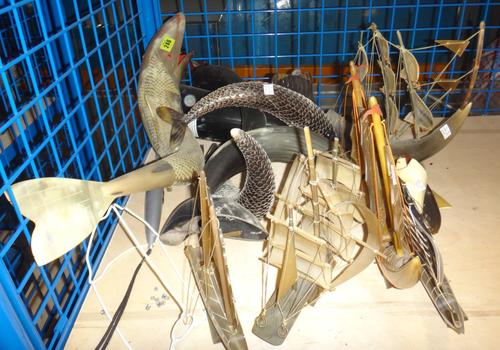 A quantity of 20th century models, constructed from cow horn, including boats, fish and sundry.