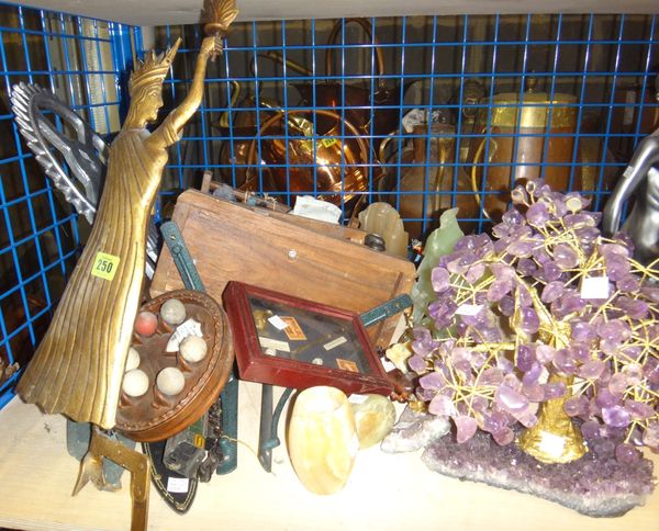 A quantity of collectables, including Oriental hardstone carvings, a haberdashery figure scene, a metal cog display and sundry.