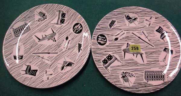 A pair of Ridgway plates in the "Homemaker" pattern, black transfer print design by Enid Seeney of home furnishings and utensils, 25cms diameter (2)