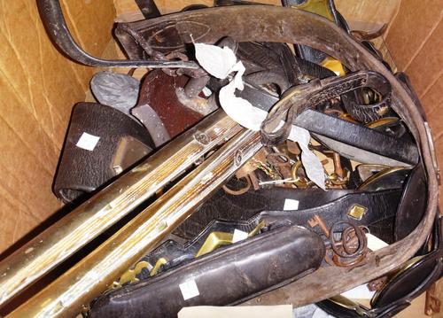 A quantity of horse brasses, keys and horses hames.