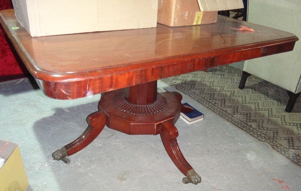 A 19th century mahogany rectangular snap top dining table on four downswept supports, (a.f.).