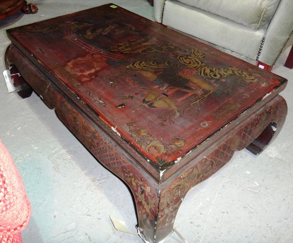 An early 20th century red lacquer chinoiserie decorated rectangular coffee table, 92cm wide.