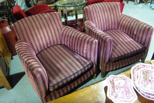 A pair of 20th century armchairs with red, brown and gold stripe upholstery. (2)