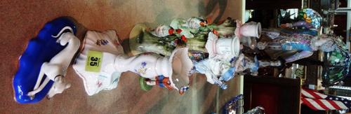 A group of ceramics, including a pair of candlesticks moulded with chickens, another pair decorated with flowers, German porcelain figures and sundry.
