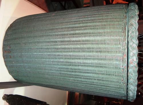 A Lloyd Loom blue linen basket, a joint stool and a long mahogany footstool. (3)