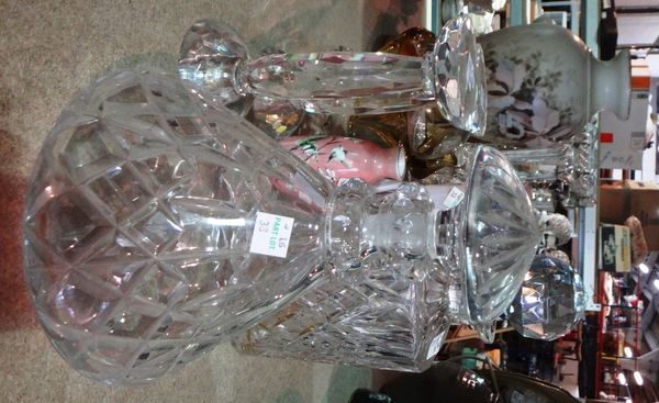 A quantity of glass including lustre hung with drops, decanters, candlesticks and sundry. (qty)