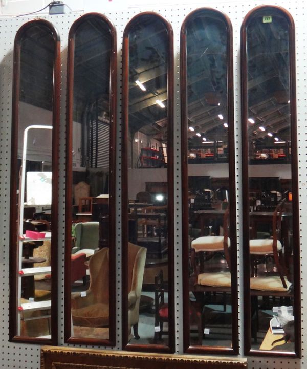 A set of five 20th century mahogany mirrors. (5)