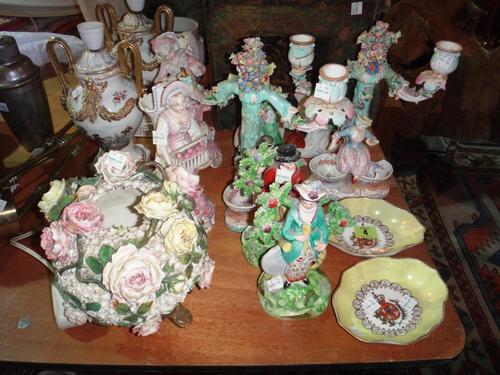 A pair of Meissen dishes together with a pair of figural candelabra with crossed sword marks, a pair of Staffordshire pearlware figures and sundry.