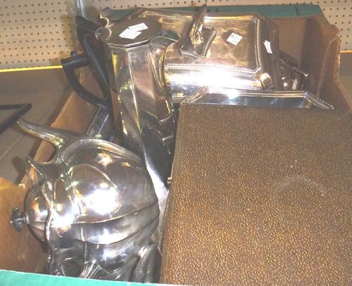 A quantity of silver plated wares, including a tea set and tray, an entree dish, a basket, fruit knives and sundry. (qty)