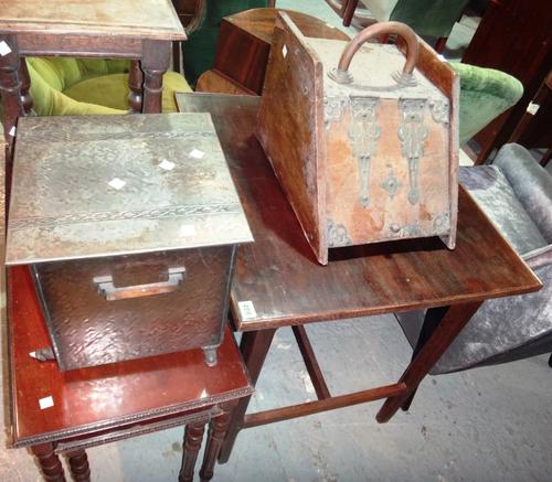 A walnut square occasional table, a nest of three mahogany tables and two coal scuttles. (4)