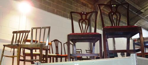A pair of 19th century mahogany dining chairs together with four further chairs, two pairs of chairs and a scullery chair. (11)