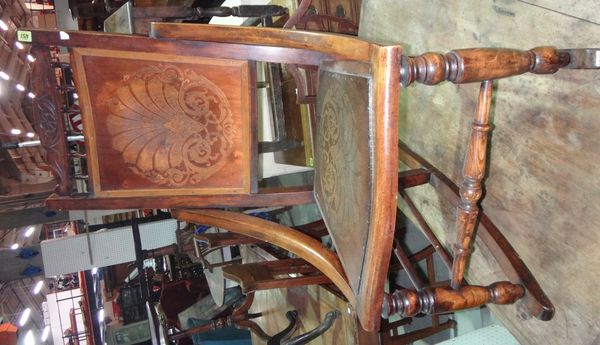 A 19th century walnut rocking chair, a scullery chair and a mahogany dining chair.