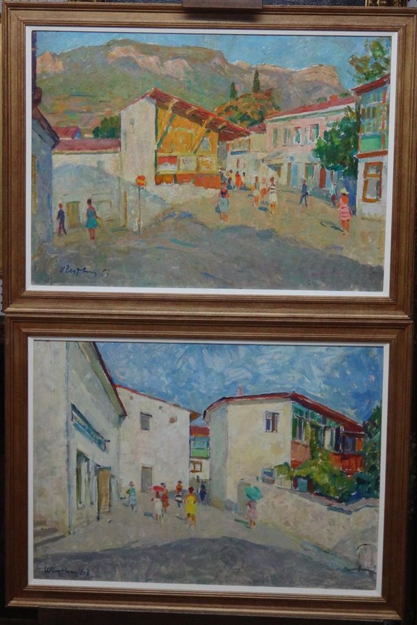 Continental School (20th century), Village scenes, a pair, oil on board, both indistinctly signed and dated '63.(2)
