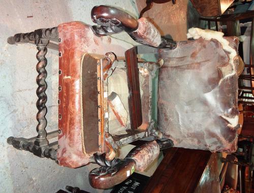 An 18th century and later oak open armchair and a stool. (2)