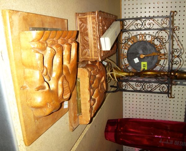 A quantity of collectables, including; a brass pendulum wall light, a wrought iron mantel clock, a hardwood box, a pair of bookends carved as elephant