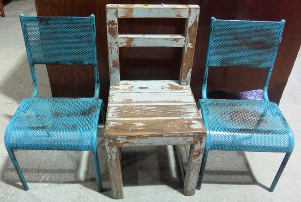 A blue painted pine child's chair and two blue metal child's chairs.