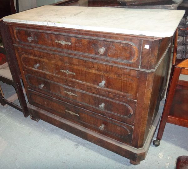 A 19th century French walnut four drawer chest with white marble top.