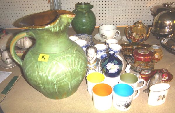 A quantity of ceramics, including Copenhagen, Jasperware, an Oriental tea set, a green glaze pottery vase, a jug and sundry.