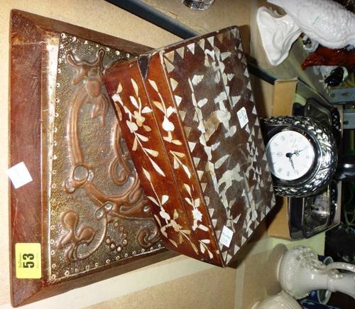 An Arts and Crafts style embossed copper plaque, together with a silver plated mantel clock and an Oriental wooden box. (3)