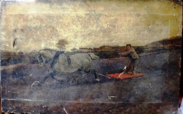 English School (19th century), A horse drawn sled, oil on canvas, unframed.