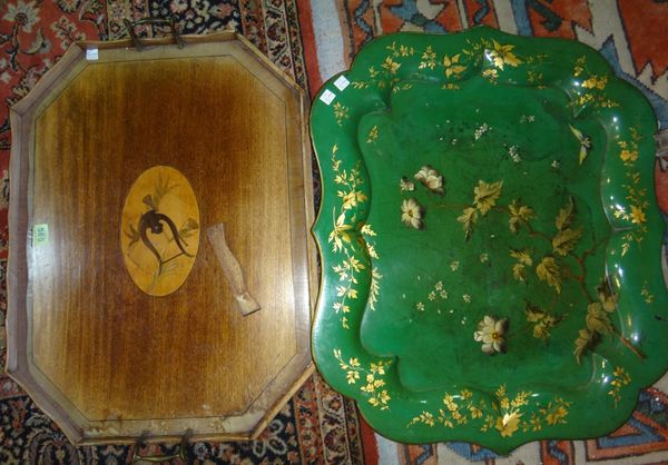A 19th century mahogany twin handled tray, a green papier mache tray and an oval silver plated tray with a gadrooned border.