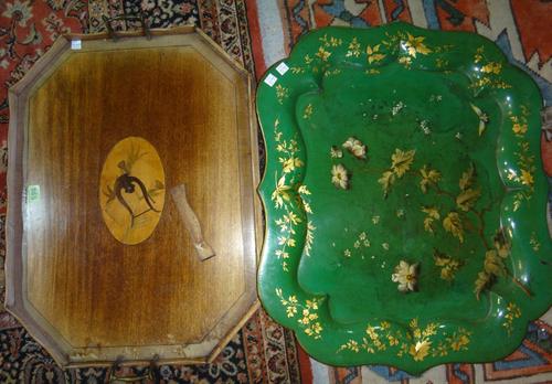 A 19th century mahogany twin handled tray, a green papier mache tray and an oval silver plated tray with a gadrooned border.