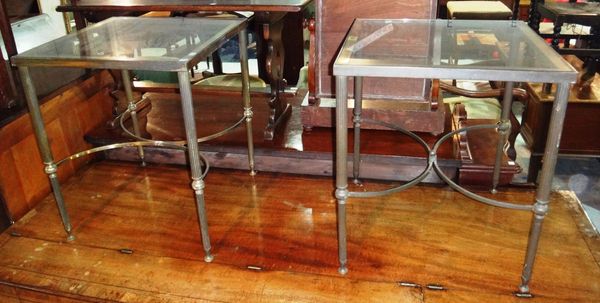 A pair of 20th century square brass and glass occasional tables.