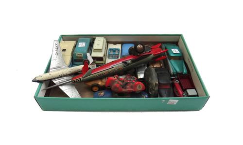 A small quantity of Dinky and Corgi die-cast vehicles, including; a Ford Thames 'Airbourne' caravan, a James Bond DB5 and a 'Comet' aeroplane, togethe