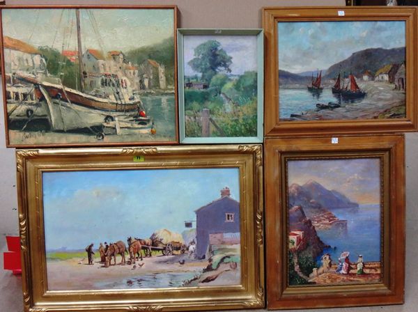 A group of five 20th century oil paintings, including, landscapes, harbour scenes and a coastal scene, one inscribed on reverse as a gift to Cliff Ric