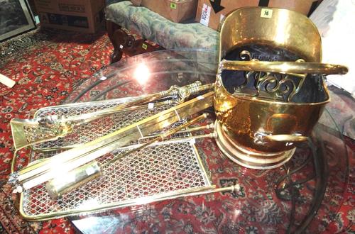 A group of fireside items, including a spark guard, fire tools, a coal scuttle and sundry