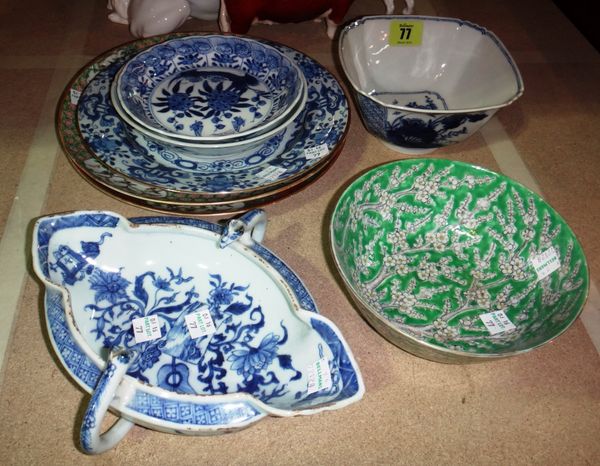 A group of 18th century and later Oriental ceramics, including a twin handed blue and white bowl of unusual form, plates, bowls and sundry.