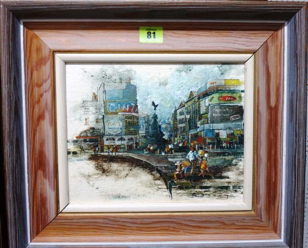 ** Bassage (20th century), Piccadilly Circus, oil on canvasboard, signed.