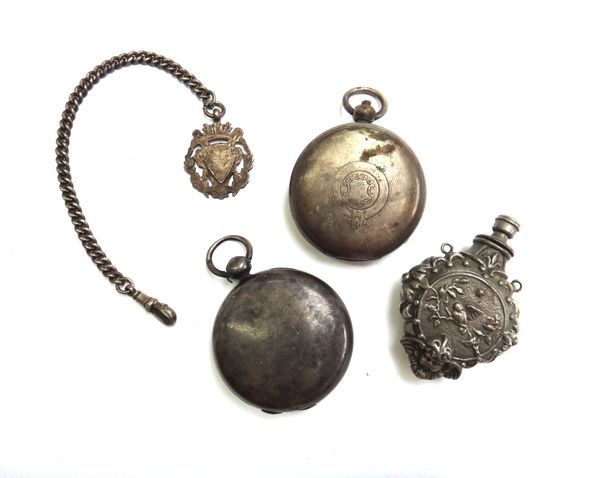 A lady's silver cased pocket fob watch, hallmarked Birmingham 1885, two further gentleman's silver cased pocket watches, a silver medal, a white metal